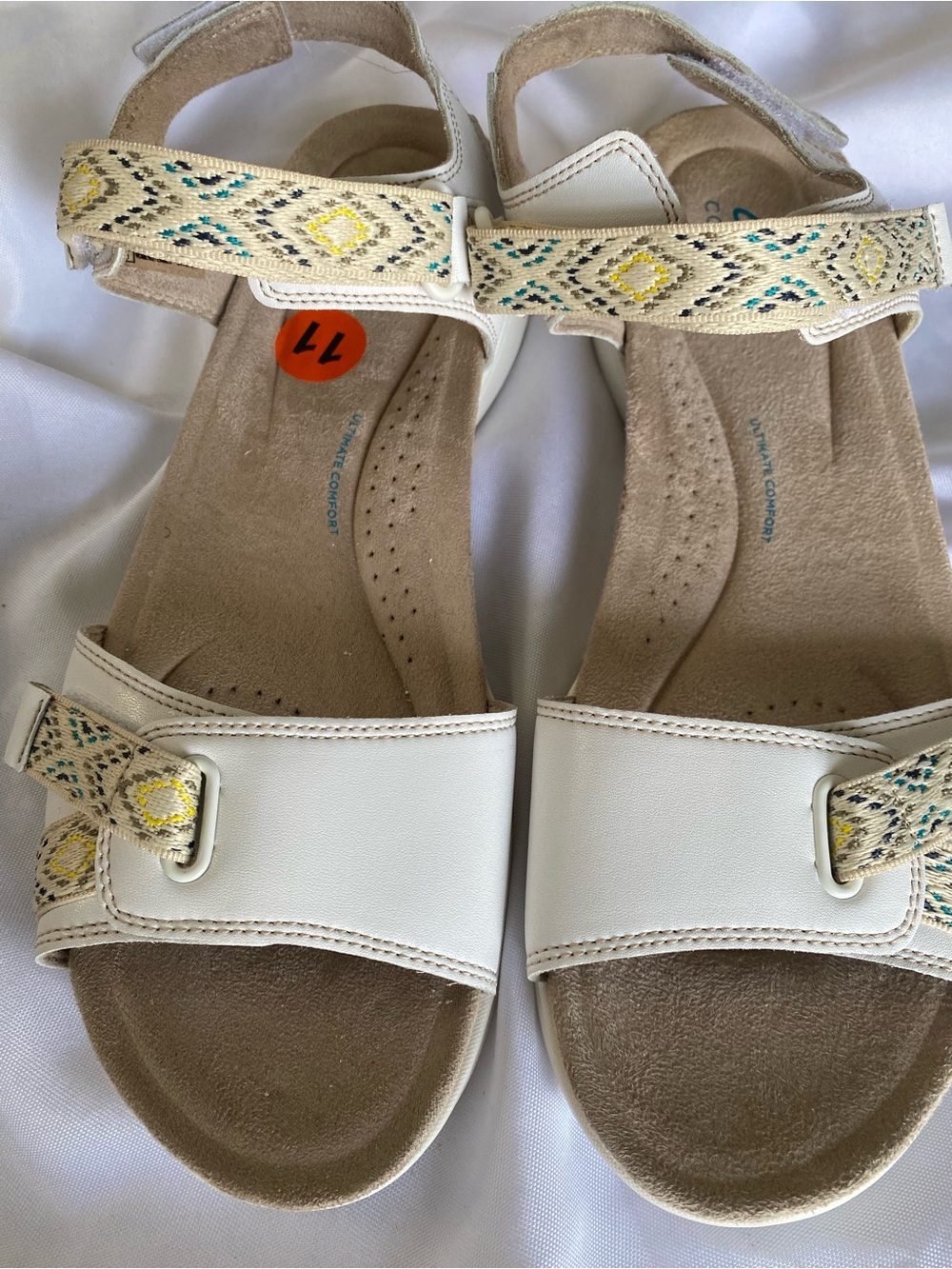 Clarks White Sandals with Teal and Yellow Embroidery